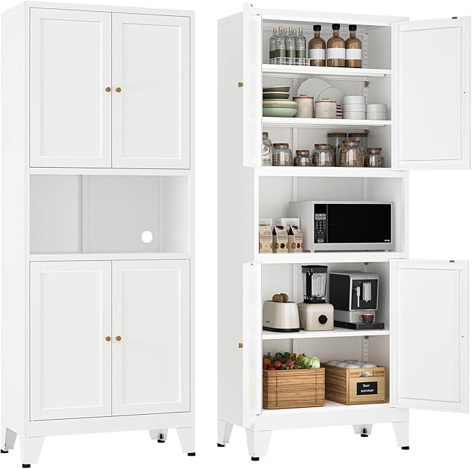 YAUWOH Metal Pantry Storage Cabinet, 69" Tall Storoge Cabinet with 4 Doors & 3 Adjustable Shelves, Microwave Stand with Storage for Kitchen, Dining Room, Living Room (1PC,White)