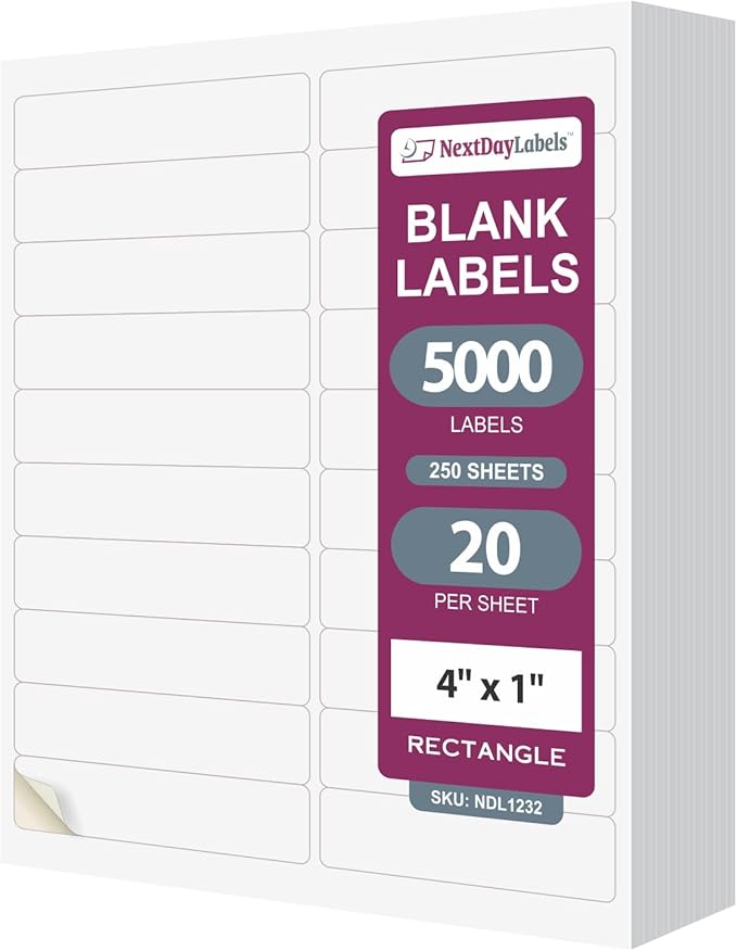 NextDayLabels 4x1 Inch Rectangle Stickers White Blank Labels for Laser Inkjet Printer - 20 Per Sheet Self-Adhesive Return Address Shipping Made in USA - 5000 Labels