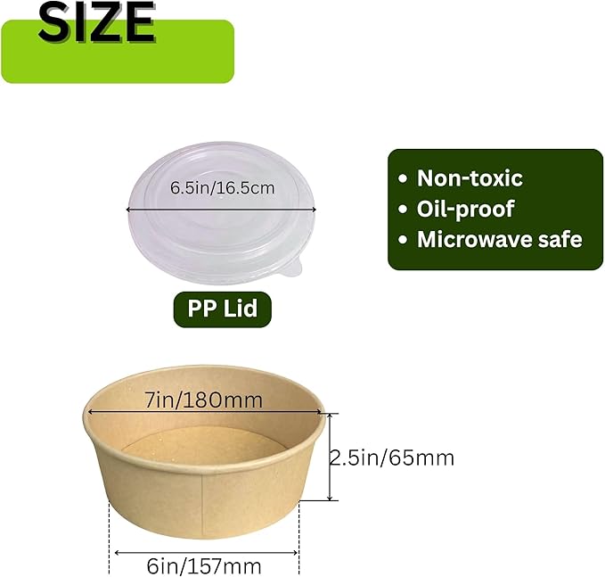 Disposable Round Paper Bowls with Lid 47oz Compostable, 50 Sets Microwave Deli Containers Leakproof, Extra Large Meal Prep Food Container Box, Sturdy Salad Dressing Bowl for Soup Toppings Picnic