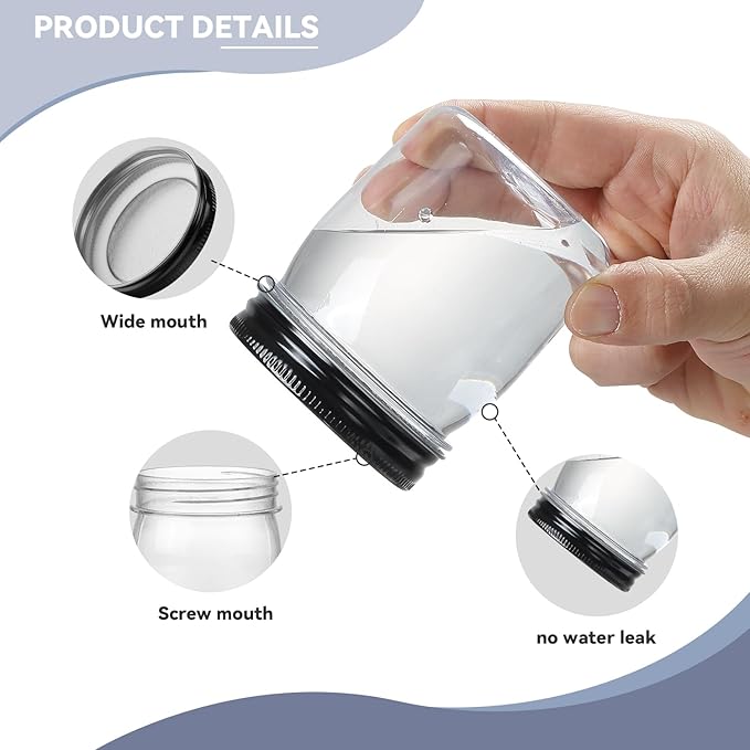novelinks 8 oz Clear Plastic Jars with Airtight Lids, 32 Pack Plastic Mason Jars with Lids 8oz, Refillable Storage Slime Containers & Small Spice Jar for Kitchen Organization (32 Pack,Black)