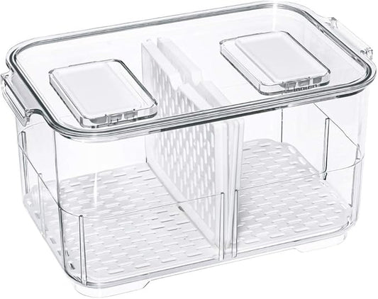 SANNO Fridge Food Storage Containers Produce Saver FreshWorks Produce Food Storage Container Bin Stackable Refrigerator Kitchen Organizer Keeper, with Removable Drain Tray to Keep Fresh