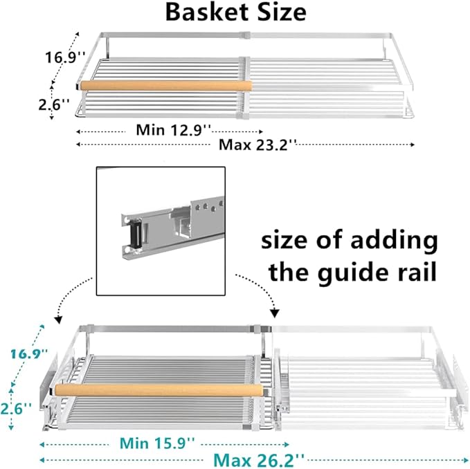 MIYUPTC Pull Out Cabinet Shelf, Slide Out Cabinet Organizer Heavy Duty Under Sink, Anti Rust Kitchen Organizer Basket, Smooth Roll Expandable Sliding Drawer, 2 Pack Chrome 15.9''-26.2''