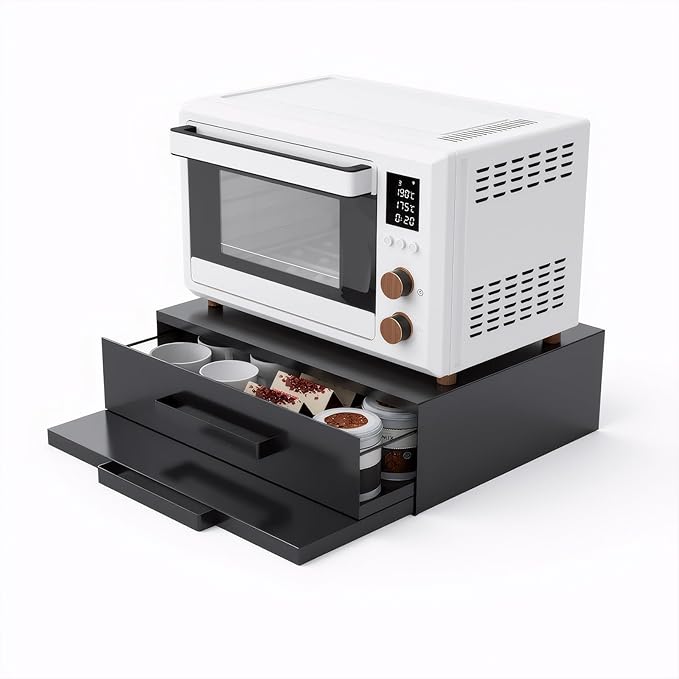 VibeNest Steel Microwave Stand with Pull-Out Drawers & Shelves | Countertop Organizer for Compact Microwaves, Coffee Station & Kitchen Appliance Storage (Black+Drawer+Shelf)