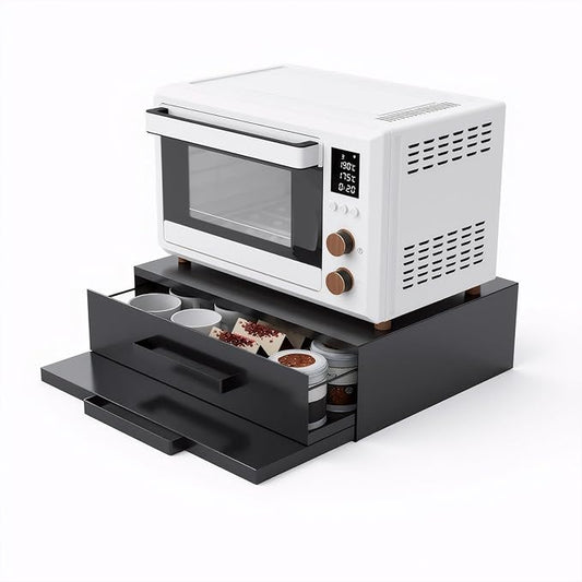 VibeNest Steel Microwave Stand with Pull-Out Drawers & Shelves | Countertop Organizer for Compact Microwaves, Coffee Station & Kitchen Appliance Storage (Black+Drawer+Shelf)