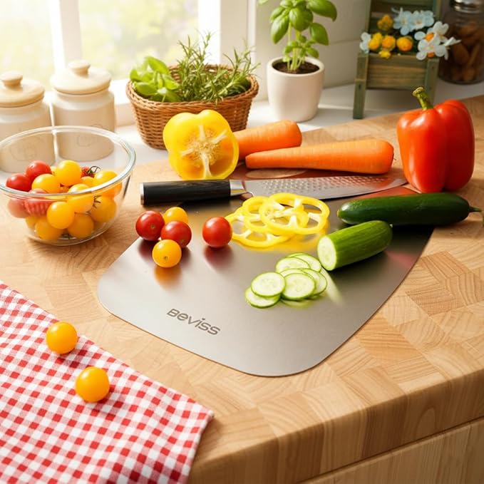 Beviss Cutting Board Set of 3, 100% Pure 18/8 Stainless Steel Cutting Board Double Sided, Chopping Board for Kitchen, Dishwasher Safe Chopping Board for Meat, Vegetables or Fruit, S+M+L