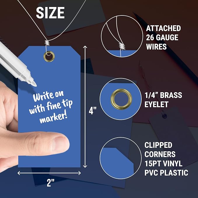 Tags 4 Less 15 Mil Blank Plastic Hang Tags with Attached Wires – 2" x 4" Heavy Duty Waterproof Hanging Labels for Outdoor Tagging, Equipment, Luggage, Valves & More (Dark Blue, Pack of 50)