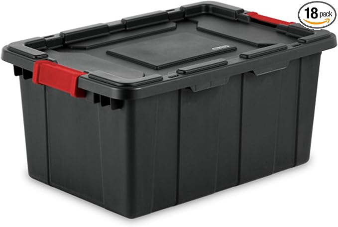 Sterilite 18-Pack Industrial Tote, Plastic Storage Bins with Lids, 15 Gallon, Black - Heavy-Duty Organizing Containers for Closet, Bathroom, and Office