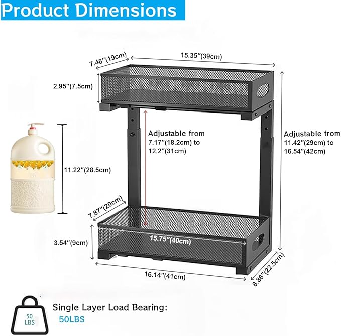 WROBTLD Under Sink Organizer, 2-Tier Pull Out Cabinet Organizer with Adjustable Height, Use in Kitchen Bathroom Cabinet and Countertop Storage, Black