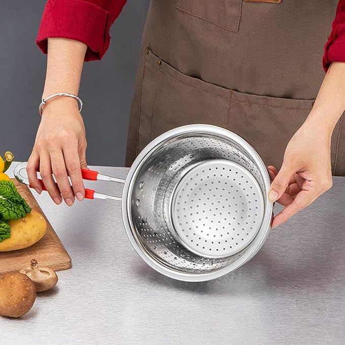Contiup Stainless Steel Perforated Metal Colander Strainer with Long Red Handle Sieve Sifters Use for Kitchen Food Pasta Noodles Spaghetti Vegetables Silver - 10.24 inch (C072-Mer-26)