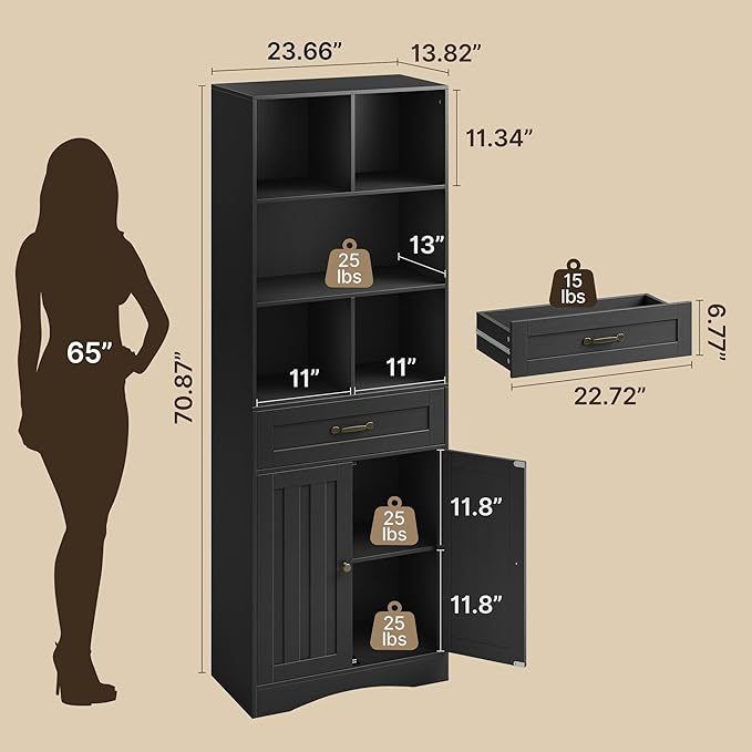 Gizoon 71'' Tall Storage Cabinet, Bathroom Storage Cabinet, Kitchen Pantry with Doors & Drawers, Adjustable Shelves, Anti-tip, Metal Handle, for Bathroom, Living Room, Office, Kitchen, with Black