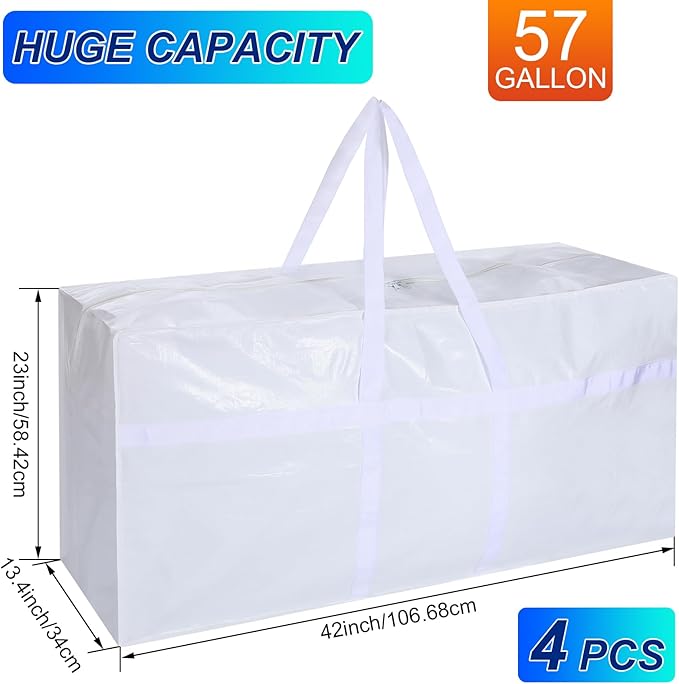 Windyun 4 Pack 57 Gallon Extra Large Moving Bags XXL Heavy Duty Storage Bag with Strong Zipper Handle Jumbo Big Tote Box Foldable for College Dorm Travel Clothes Duffle Blanket Pillow(White)