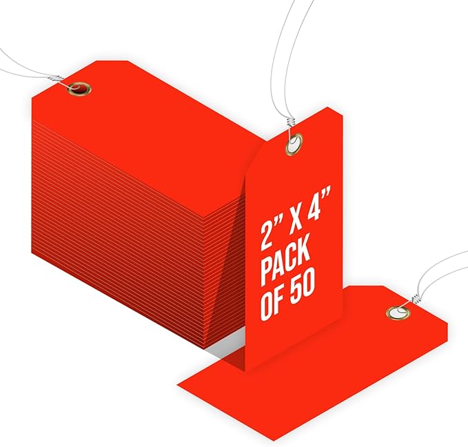 Tags 4 Less 15 Mil Blank Plastic Hang Tags with Attached Wire – 2" x 4" Heavy Duty Waterproof Hanging Labels for Outdoor Tagging, Equipment, Luggage, Valves & More (Fluorescent Orange/Red, Pack of 50)