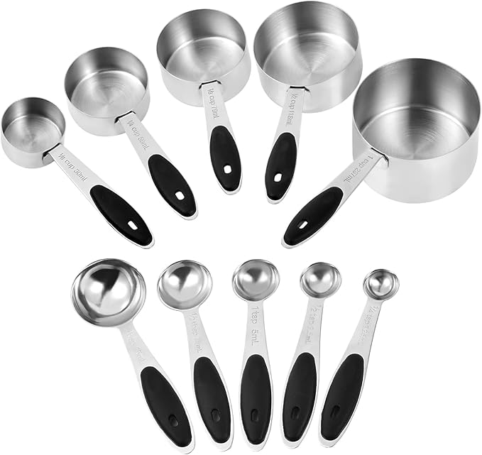 Stainless Steel Measuring Spoons & Cups Set, Includes 10 Sizes, from 1/4 tsp to 1 cup, Food Grade Stackable Tablespoons and Teaspoons Measuring Set for Cooking & Baking (Black)