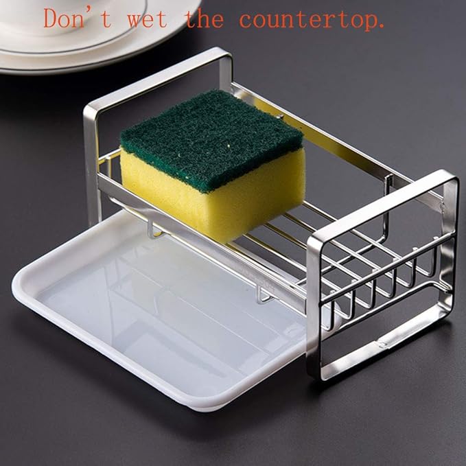 2 Pack Kitchen Sponge Holder - Kitchen Sink Organizer - Sink Caddy - Sink Tray - Soap Holder - Stainless Steel,Silver+White