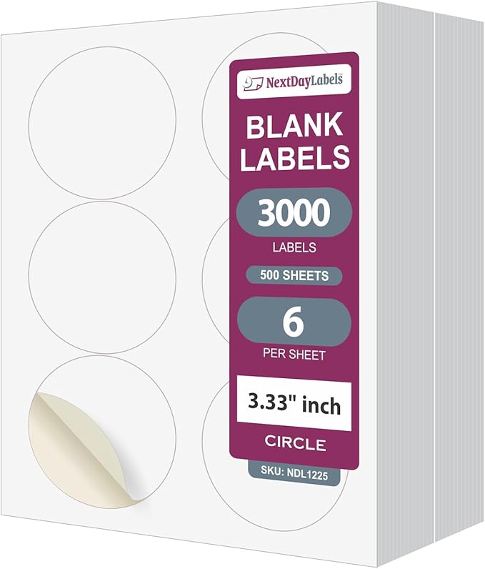 NextDayLabels 3.33 Inch Round Circle Stickers White Blank Labels for Laser Inkjet Printer - 6 Per Sheet Self-Adhesive Product Packaging Logo Made in USA - 3000 Labels