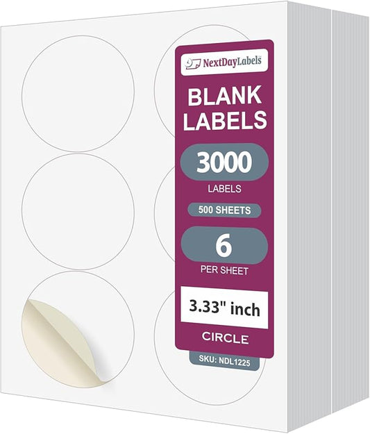 NextDayLabels 3.33 Inch Round Circle Stickers White Blank Labels for Laser Inkjet Printer - 6 Per Sheet Self-Adhesive Product Packaging Logo Made in USA - 3000 Labels