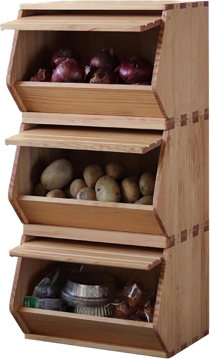 Stackable Solid Wood Storage Chests,Bins with Lids,Modular Wooden Multi-use Box,Closet Storage Organizers,Hall Entryway Cabinet,Drawers,Potato,Onion,Bread,Classify by Items,15.5”W(1 Pack)
