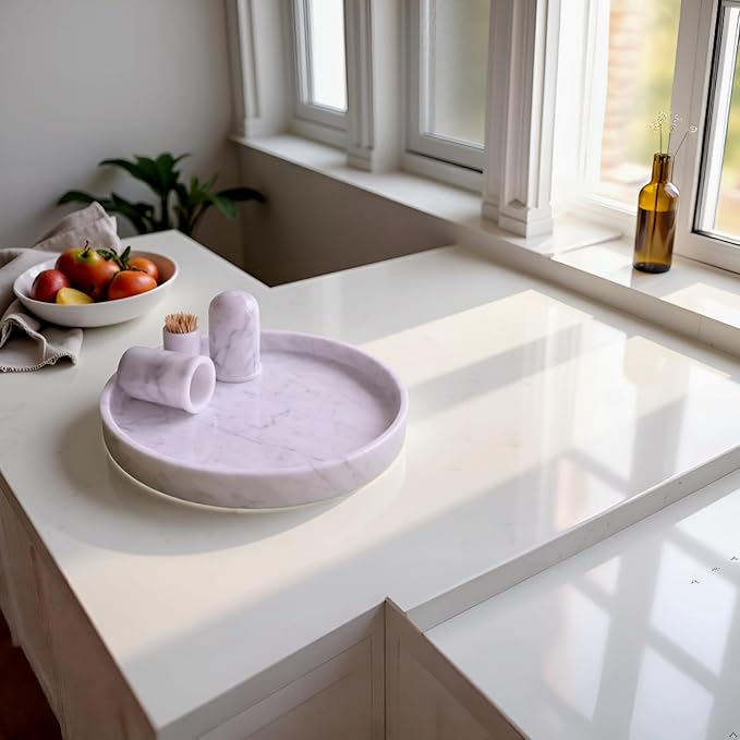 Apasqro Carrara White Marble Tray Round 10 Inch, Natural Stone Perfume & Dessert Tray, Elegant Serving & Display Plate for Home, Vanity, 2 cm Deep, Non-Slip Base