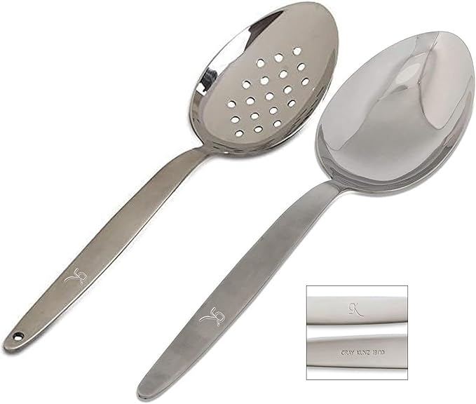 BNAZIND Kunz Perforated and Regular Set | Pack of 2 | 18/10 Stainless Steel | 9 Inch Cooking Dinner Serving Basting Quenelle Chef Spoon |