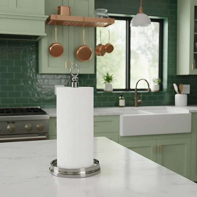 KASUNTO Paper Towel Holder With Heavy Weighted Base - Steel Countertop Stand for Kitchen, Bars & Dining Tables - Fits Standard & Jumbo Rolls - Brushed Nickel