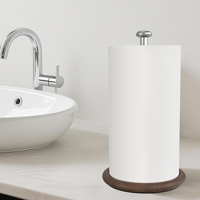 VEHHE Wooden Paper Towel Holder Countertop with Weighted Base, One-Handed Tear Paper Towel Holder Stand with Damping Function and EVA Non-Slip Pad, for Kitchen Bathroom Farmhouse