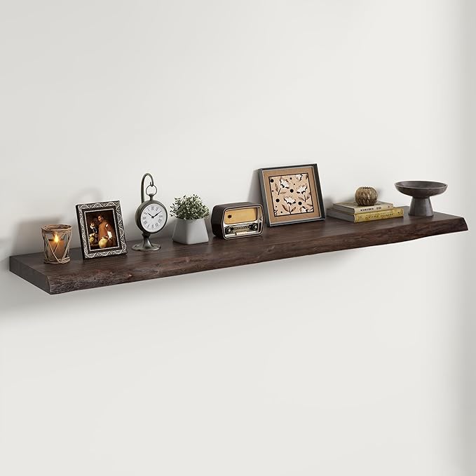 Live Edge Elm Floating Shelves For Wall - 55" W x 9.3" D Rustic Solid Long Wood Shelves with Invisible Bracket, Wall-Mounted Storage & Display Shelf for Living Room Bedroom Kitchen, Set of 2, Walnut