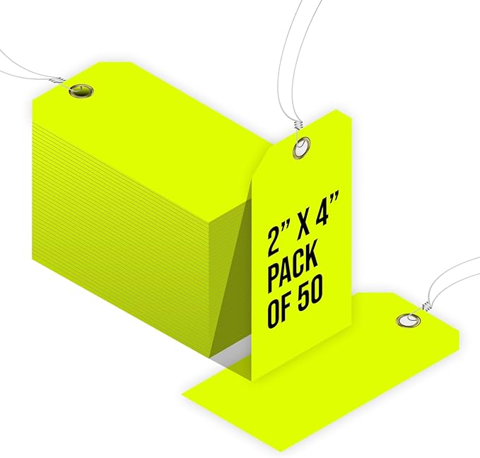 Tags 4 Less 15 Mil Blank Plastic Hang Tags with Attached Wires – 2" x 4" Heavy Duty Waterproof Hanging Labels for Outdoor Tagging, Equipment, Luggage, Valves & More (Fluorescent Yellow, Pack of 50)