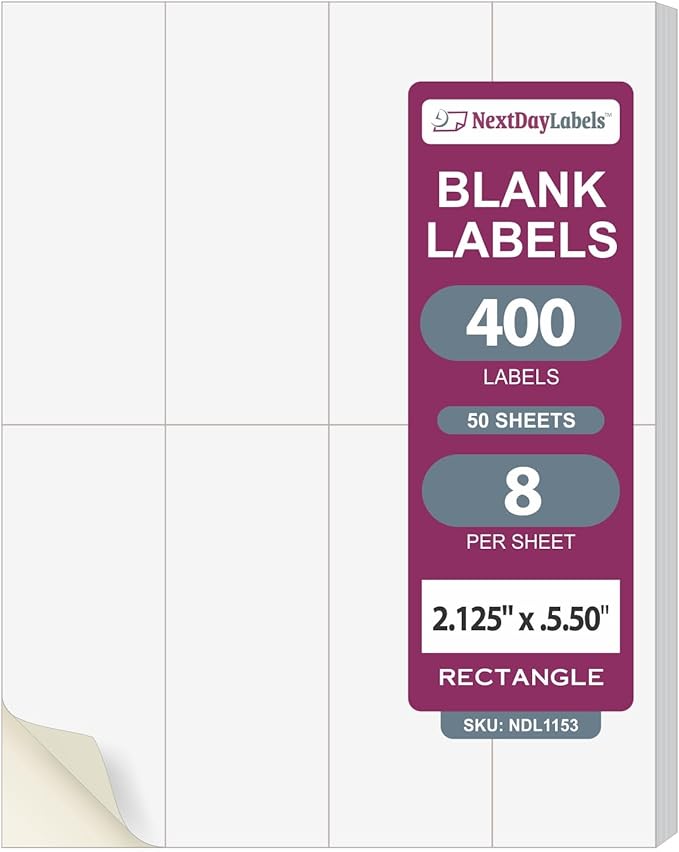 NextDayLabels 2.13x5.5 Inch Rectangle Stickers White Blank Labels for Laser Inkjet Printer - 8 Per Sheet Self-Adhesive Unique Size Label Made in USA - 400 Labels