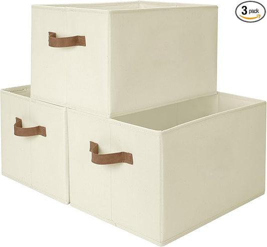 StorageWorks Storage Baskets for Shelves, Foldable Fabric Closet Storage Bins with PU Handles, Fabric Storage Bins Clothes Organizer, Ivory White, 3-Pack, Extra Large