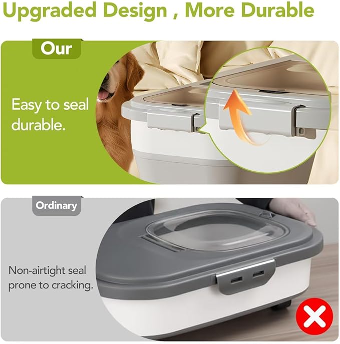 15 Lbs Dog/Cat Food Storage Container,Collapsible Food Storage Containers with Rolling Wheel Airtight Locking Lid,Pet Food Storage Container with Cup and Scoop,Grey
