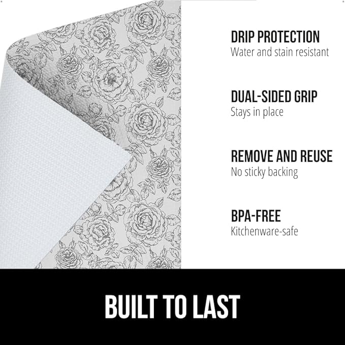 GORILLA GRIP DripGuard Shelf Liner, Non Adhesive Drawer and Kitchen Cabinet Protector, 20x240 Inch, Slip Resistant BPA Free Smooth Surface Plastic Liners for Cabinets, Bathrooms, Closets, Floral Gray