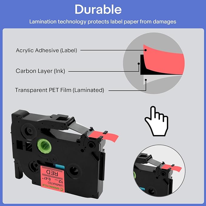 GREENCYCLE 10 Pack Compatible for Ptouch TZe-431 AZE 431 TZ431 TZ-431 1/2" 12mm 0.47 inch Laminated Black on Red TZ TZe Label Tapes Used in PTH110 PT-D200 PTD600 D400 Label Makers