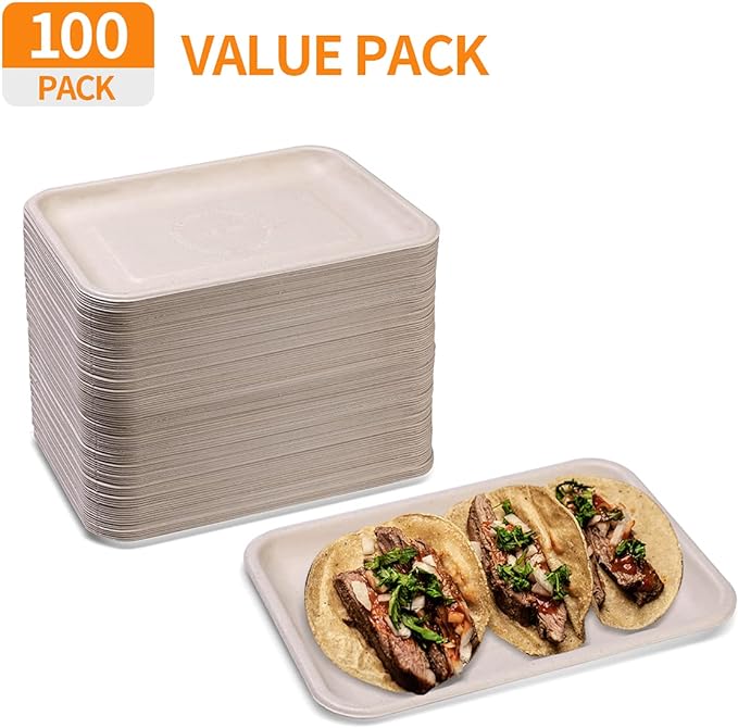 Celel 100 Pack 8 Inch Rectangle Paper Plates, 8 x 6 inch Food Trays Disposable Rectangle Plates for Tacos, Meat, Dessert, Snack