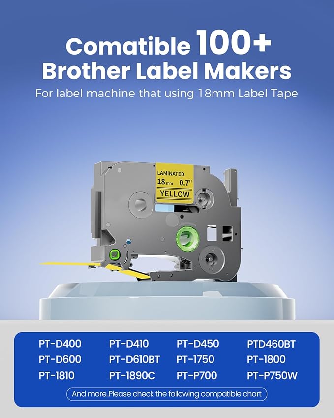 Colorty 18mm Black on Yellow Tape Replace for Brother TZe-641 P-Touch Label Tape 18 mm 0.7 Laminated TZe641 for Ptouch PTD400 PTD410 PT-E300 PT-E560BTVP Edge Label Maker Refills 3/4 Inch, 6 Pack
