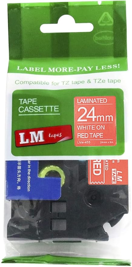 1/Pack LM Tapes - LMe455 Premium 1" White Print on Red Label Compatible with Brother TZe-455 P-Touch and Includes Tape Color/Size Guide. Replaces TZ-455 24mm 0.94 Laminated Ptouch.