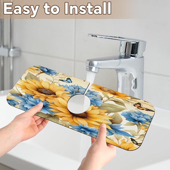 Sunflower Blue Bloom Kitchen Faucet Mat Splash Guard, 15.4”x5.7” Absorbent Quick Drying Sink Mat for Countertop Protection, Draining Mat Sink Protectors For Kitchen Bathroom, 2 Pack