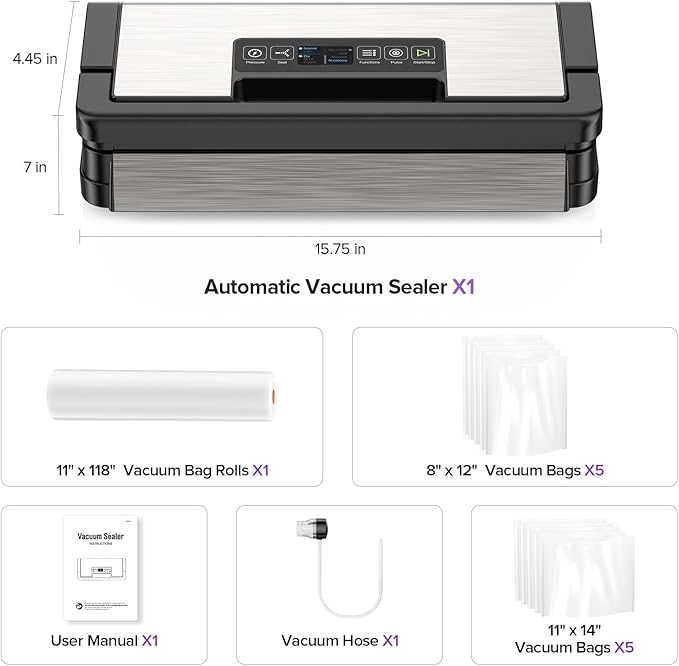 95kPa Vacuum Sealer Machine, Fully Automatic Food Sealer, Touch Display, 10-in-1 Functions & Powerful Sealing System with Double Heat Seal, Easy-Lock Handle, Built-in Cutter(Deep Gray)