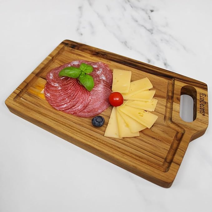 EcoDecors 10"x6" Teak Cutting Board with Juice Groove & Handle, FSC Certified Edge Grain Wood, Small Serving Board for Kitchen, Snacks & Charcuterie