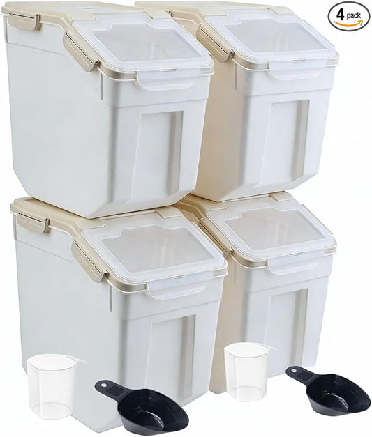 Saim Rice Container 25 lbs Set of 4, Flour Storage Container with Measuring Cup & Scoop, BPA Free Rice Dispenser, Cereal & Dry Food Bin, Kitchen Organizer for Beans, Oatmeal and Grains (Gray)