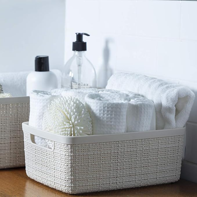 Curver Set of 8 Small 4.5L Jute Decorative Plastic Organization and Storage Baskets - Perfect Bins for Home Office, Closet Shelves, Kitchen Pantry and All Bedroom Essentials, White