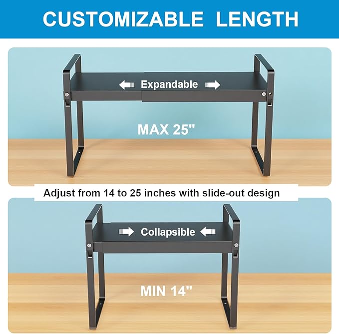 Expandable Cabinet Shelf Organizer 14-25 Inch Adjustable Length, 11" Wide 2-Tier (8" Bottom Layer) Metal Storage Rack for Kitchen Pantry, Under Sink Countertop - Heavy Duty Black(2 Pack)