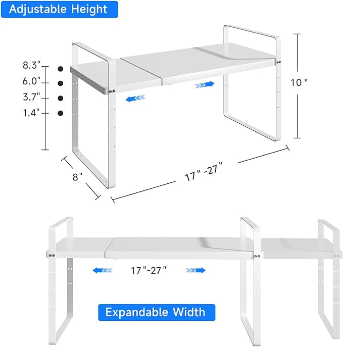 KIKIBRO Expandable Cabinet Shelf Organizer, Stackable Kitchen Pantry Counter Storage, Adjustable Closet Cupboard Stand Rack Risers Spice Organization 80LBS Heavy Duty White 2 Pack