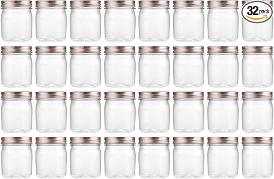 novelinks 8 oz Clear Plastic Jars with Airtight Lids, 32 Pack Plastic Mason Jars with Lids 8oz, Refillable Storage Slime Containers & Small Spice Jar for Kitchen Organization (32 Pack,Rose Gold)