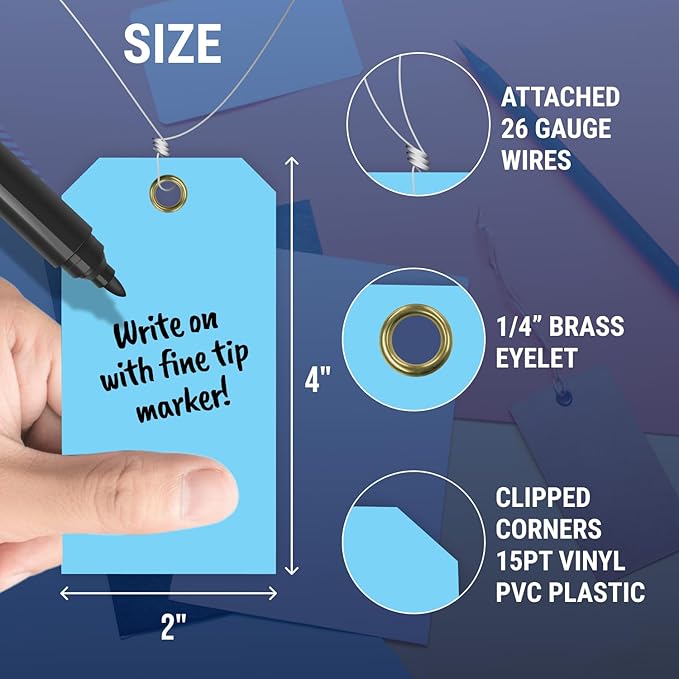 Tags 4 Less 15 Mil Blank Plastic Hang Tags with Attached Wires – 2" x 4" Heavy Duty Waterproof Hanging Labels for Outdoor Tagging, Equipment, Luggage, Valves & More (Light Blue, Pack of 50)