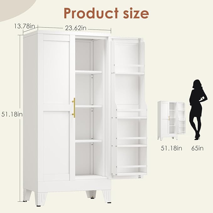51" H Metal Kitchen Pantry Storage Cabinet,Storage Cabinets with Doors and Adjustable Shelves,Freestanding Food Pantry Cabinet Cupboard for Living Room,Dinning Room（White）