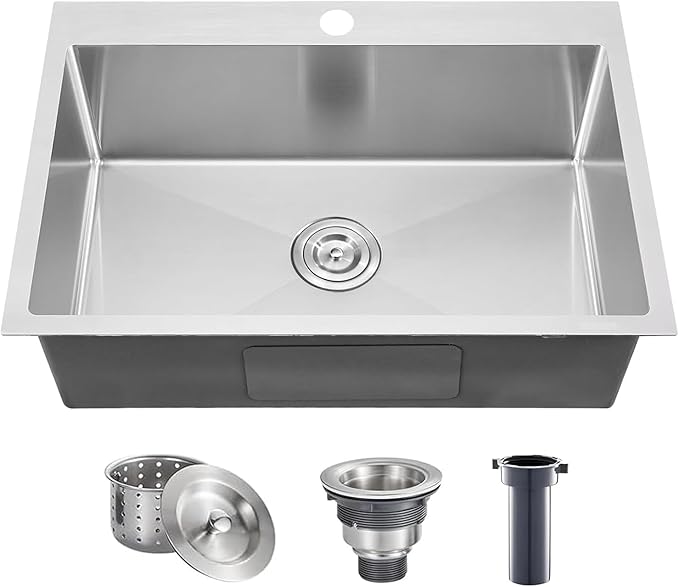 28X18 Inch Drop In Kitchen Sink, Topmount Stainless Steel Brushed Nickel Single Bowl Kitchen Sink, Extra-thick 16 Gauge For RV Laundry Utility with Basket Strainer, VALYJ281809SD