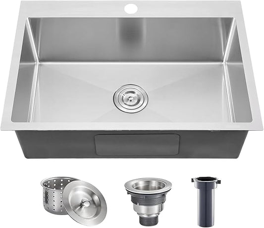 28X18 Inch Drop In Kitchen Sink, Topmount Stainless Steel Brushed Nickel Single Bowl Kitchen Sink, Extra-thick 16 Gauge For RV Laundry Utility with Basket Strainer, VALYJ281809SD