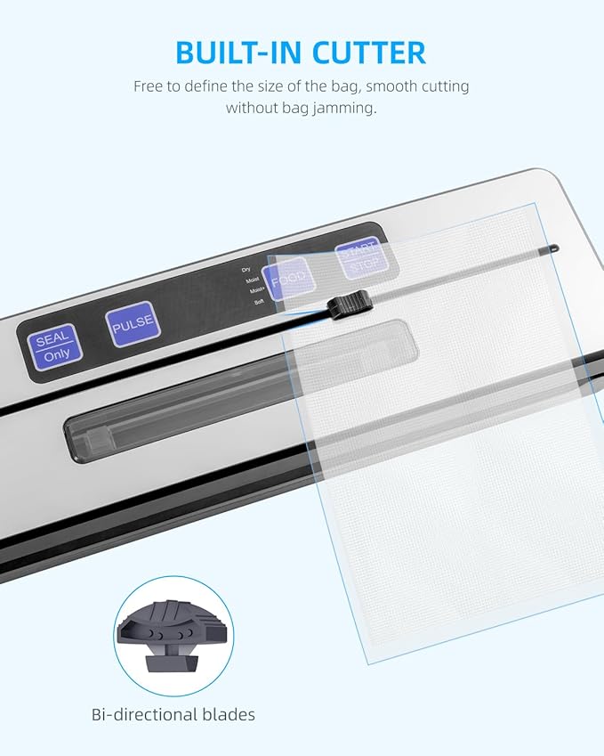 Vacuum Sealer Strong Vacuum Sealer with 6 Modes, Vacumm Sealer with Removable Drip Tray, Cutting Blade and Two Heating Wires