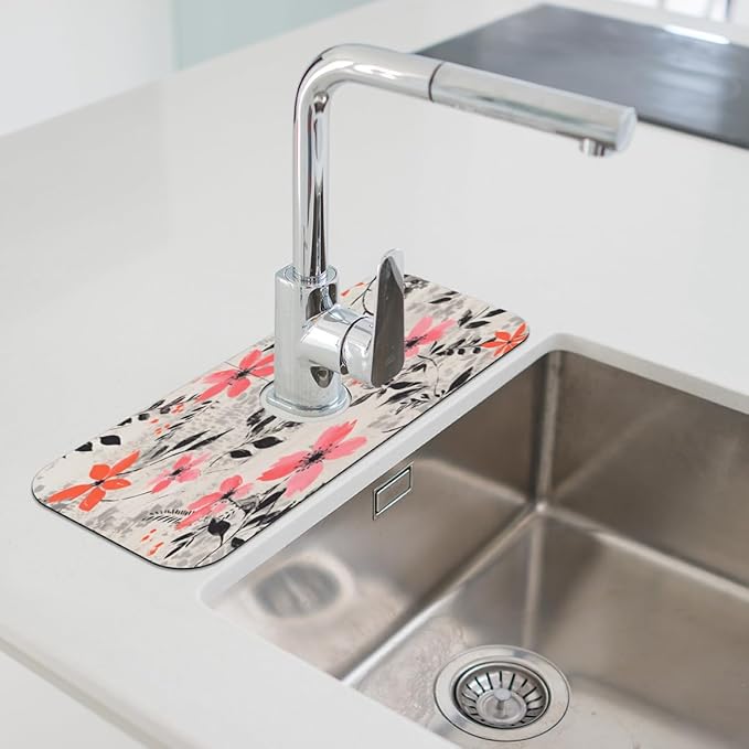 Gray Background Floral Kitchen Faucet Mat Splash Guard, 15.4”x5.7” Absorbent Quick Drying Sink Mat for Countertop Protection, Draining Mat Sink Protectors For Kitchen Bathroom, 1 Pack