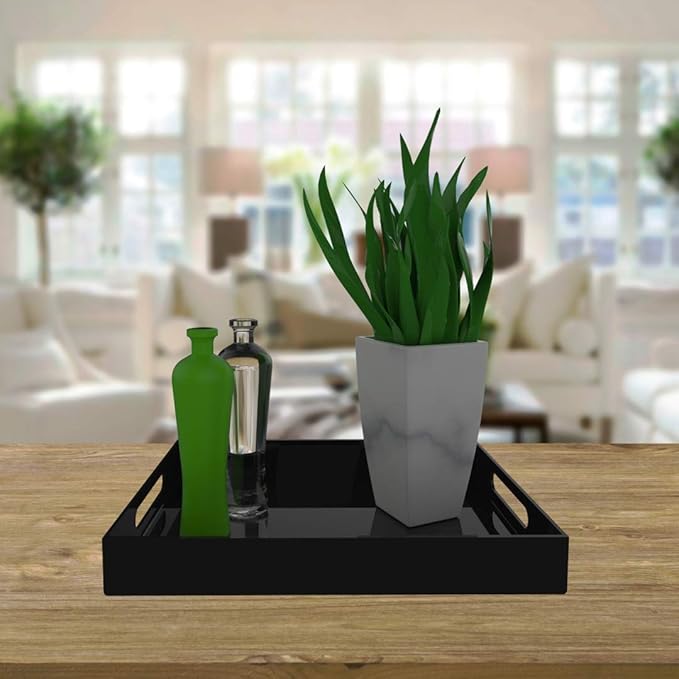 Vale Arbor Black Acrylic Serving Tray for Vanity, Bathroom, Outdoor, Food and Décor with Handles (Rectangle, Small)